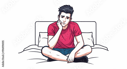 Bored young man with hand on chin sitting cross-legged on a bed