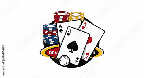 Casino poker chips and cards with a dealer designation