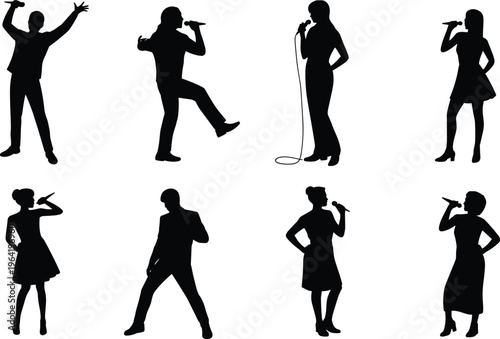 Silhouettes of diverse singers holding microphones in expressive performing poses representing music, concert, entertainment, passion, creativity, stage presence, and art