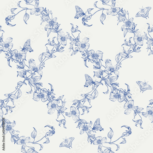Vintage Floral vector seamless pattern square cell ornament vines Clematis flowers butterflies, blue beige. Hand drawn Toile art background for design packaging textile wallpaper wedding decor holiday