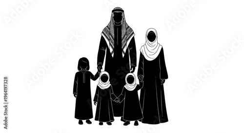 Arabic, Muslim family, Islamic, cultural vector illustration, black and white isolated on White Background Silhouette