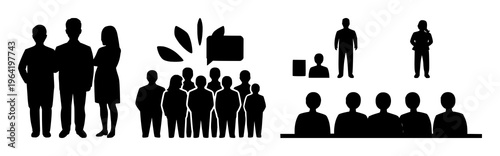 Solid black icon, white background: human resources group set with simple line art design featuring sketches, drawings, vector graphics with minimalist and simple illustrations