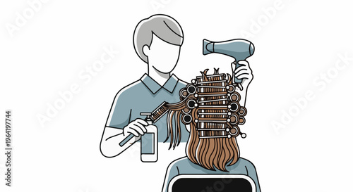 Stylist dries hair on curlers with spray bottle and hair dryer