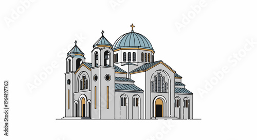 Stylized illustration of a large orthodox church with multiple domes
