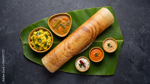 Konstfotografi South indian breakfast masala dosa served with sambar, potato masala, and variou
