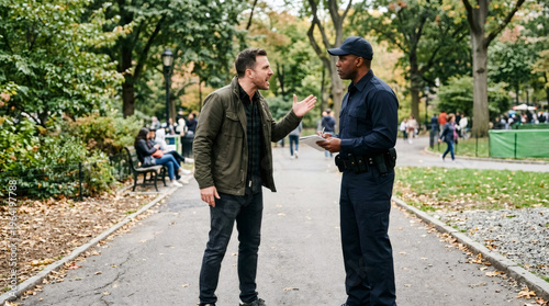 Angry man shouting at police officer in park. Conflict between citizen and authority. Law enforcement interaction. Social tension and public safety issue concept. Urban street life scene.
