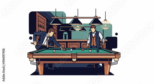 Two gentlemen in suits play a game of billiards in a dimly lit establishment