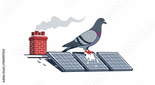 Pigeon perched on solar panels near a smoking chimney