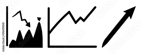 Solid black icon, white background: downward market trend chart set with simple line art design featuring line art, illustrations, graphic resources with vector and design elements
