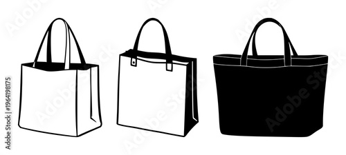Solid black icon, white background: reusable canvas grocery bag set with simple line art design featuring sketches, drawings, vector graphics with minimalist and simple illustrations
