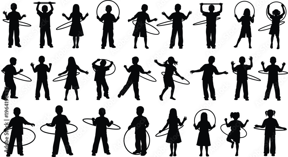 Fototapeta premium Large collection of children silhouette playing with hula hoops as symbol for healthy lifestyle physical activity education and childhood fun