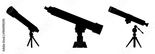 Solid black icon, white background: telescope stargazing set with simple line art design featuring sketches, drawings, vector graphics with minimalist and simple illustrations