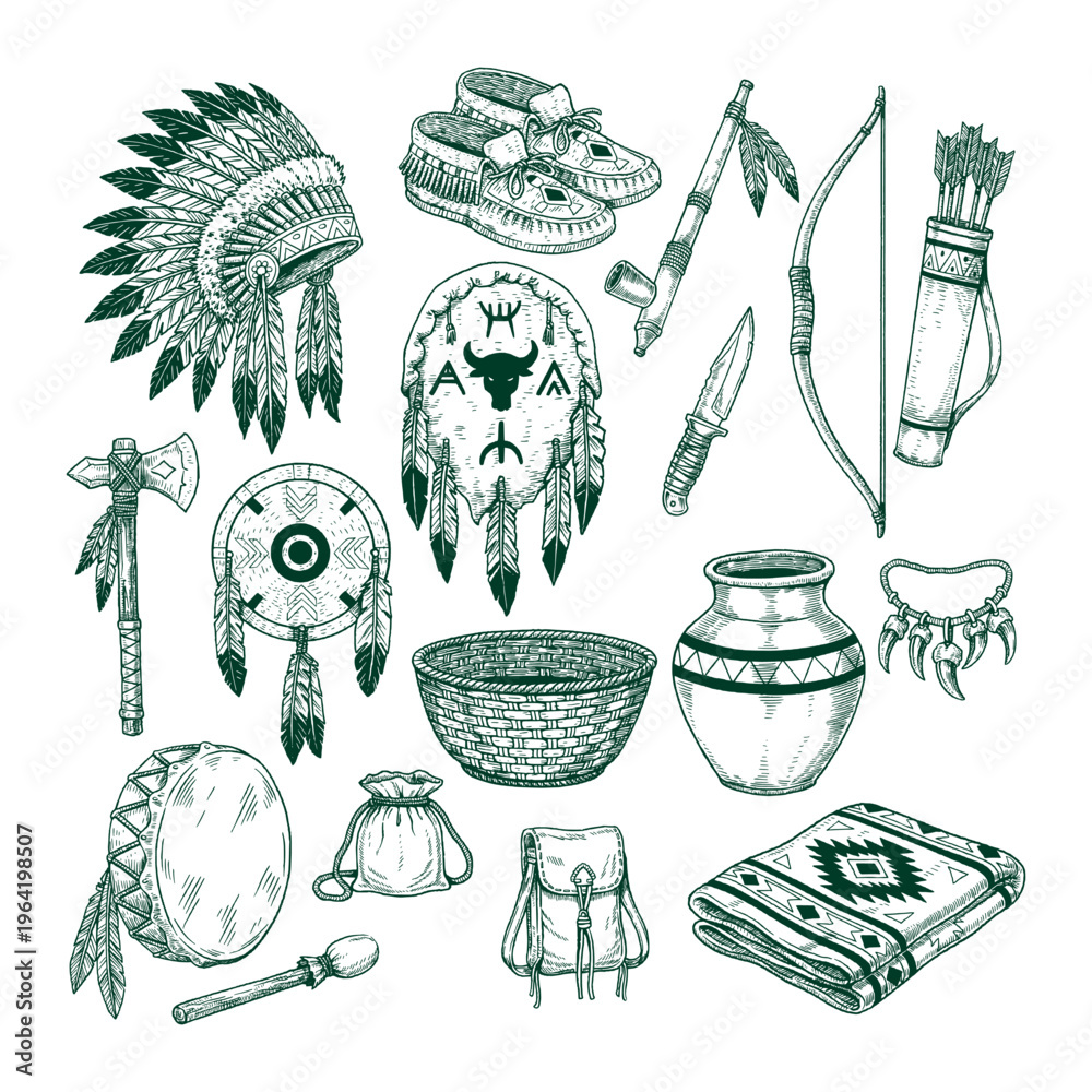 Obraz premium Hand Drawn Indigenous Cultural Objects Collection with Tribal Tools and Accessories