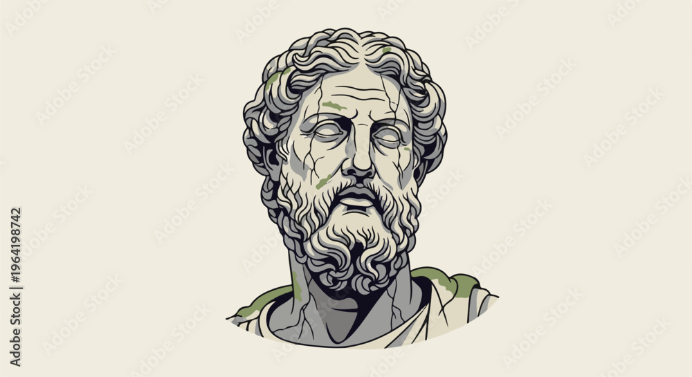 Fototapeta premium Pixelated ancient bust with weathered texture, depicting a bearded man