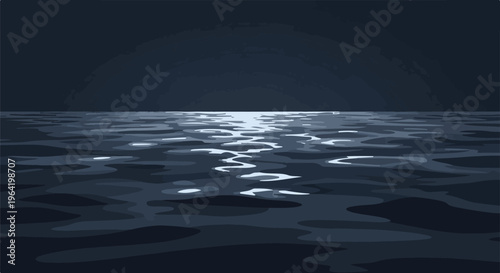 Pixelated dark water reflects moonlight, creating shimmering light patterns on the surface