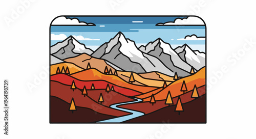 Stylized mountainous landscape with rolling hills, river, and trees