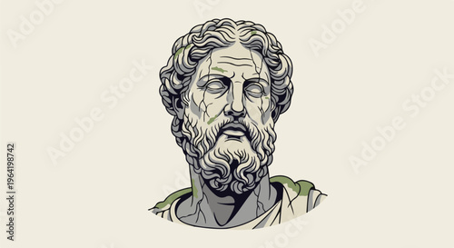 Pixelated ancient bust with weathered texture, depicting a bearded man