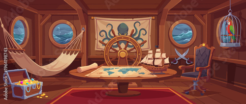 An immersive illustration of a pirate-themed room featuring a treasure map, ship wheel, and octopus, creating an adventurous atmosphere for escape room experiences.