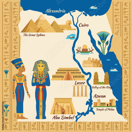An artistic map highlighting Egypt's iconic landmarks, including pyramids, temples, and historical figures, capturing the rich cultural heritage and ancient history.