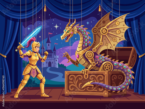 In a dramatic scene, a valiant knight faces off against a mechanical dragon on stage, representing adventure, bravery, and creativity in this fantastical illustration.