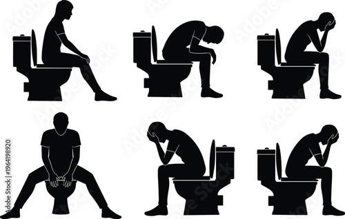 Man, silhouette, sitting, on, toilet, commode, suffering, from, stomach, ache, constipation, diarrhea, health, problem, digestive, issues, depression, pain, illness, illustration.