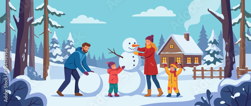 A joyful family builds a snowman in a winter setting, surrounded by snow-covered trees and a cozy house, representing togetherness and seasonal fun.
