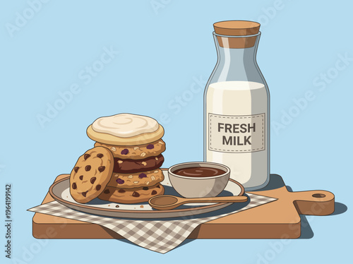 This image features a delightful arrangement of chocolate chip cookies on a plate, accompanied by a bottle of fresh milk and a small bowl of chocolate spread.