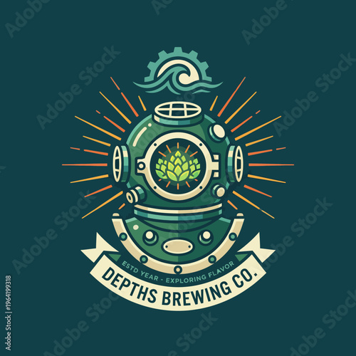 A distinctive illustration of a diving helmet with brewing elements, representing an innovative craft beer company exploring flavors beneath the surface.