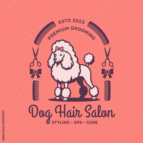 An attractive logo design for a dog grooming salon featuring a poodle, grooming tools and a stylish font, perfect for showcasing premium pet care services in branding.