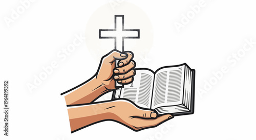 Two hands hold an open book and a cross within a halo against a white background