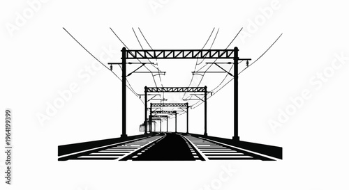 Overhead power lines arch over a vanishing railway track