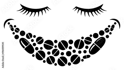 Smile composed of medicinal pills and sleeping eyes in minimalist graphic style