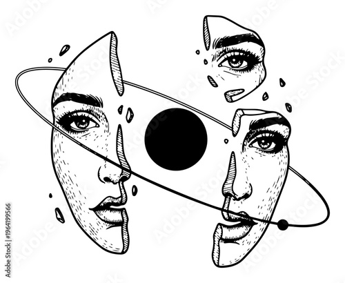 Fragmented woman face with celestial orbital ring and stars in surreal engraving style