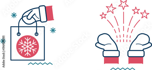 Celebrating winter with festive shopping and warm fireworks under cozy mittens.