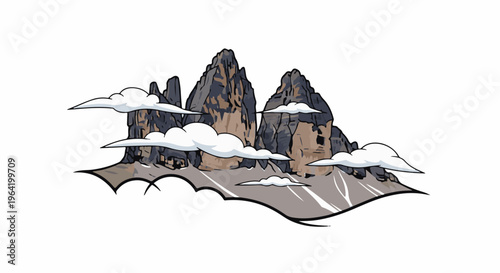 Jagged mountain peaks pierce a cloudy sky above a rocky terrain