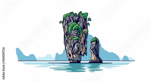 Iconic karst rock formations rise from the calm blue sea under a clear sky