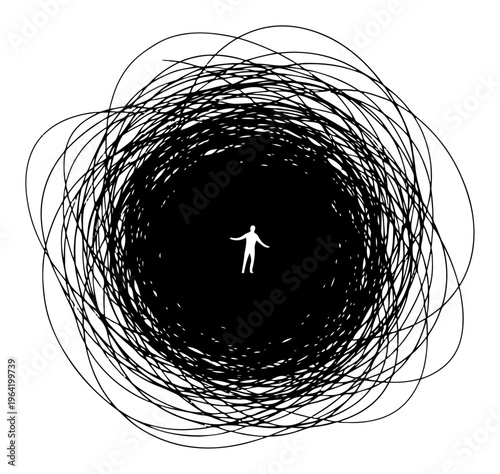 Person standing alone inside a messy circle of chaotic scribbled lines representing mental stress