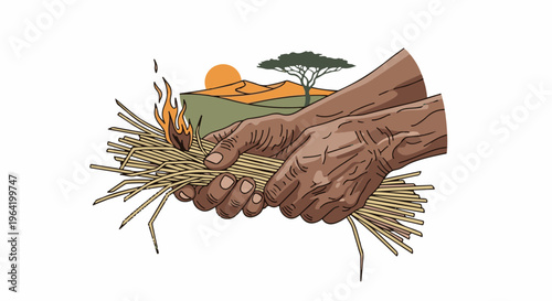 Human hands ignite dry stalks against a desert landscape at sunset