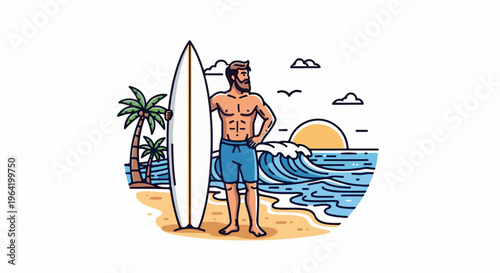 Muscular man with surfboard on tropical beach at sunset