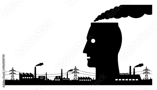 Human head silhouette shaped like a factory chimney emitting toxic smoke in industrial landscape concept