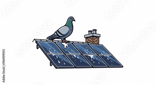 Pigeon standing on solar panels with a brick chimney in background