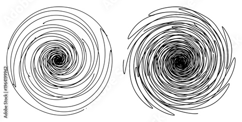 Spiral vortex scribble set with circular hand drawn ink lines and chaotic sketch style
