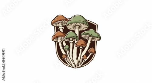 A cluster of varied mushrooms, green and brown caps, on a brown shield