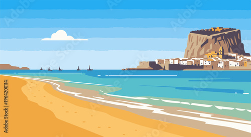 Pixelated seaside town with a large rocky outcrop and sailboats on the water