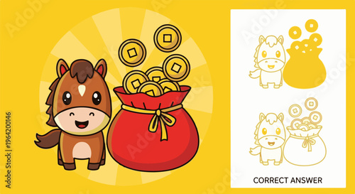 Cute cartoon horse beside a red money bag overflowing with gold coins