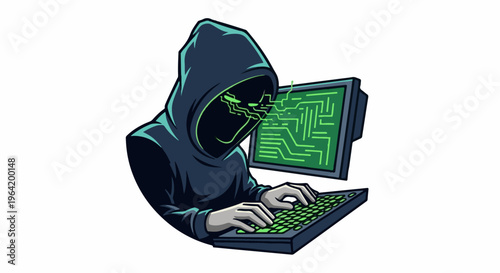 A hooded figure with glowing green eyes types on a keyboard before a circuit board-like screen