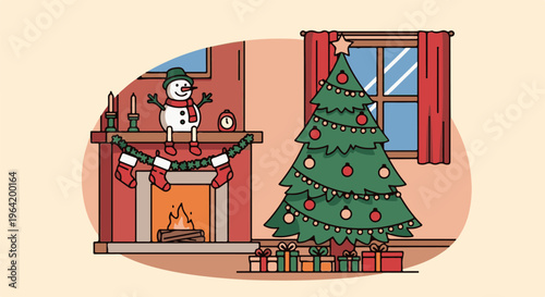 Cozy Christmas scene with a fireplace, snowman, decorated tree, and gifts