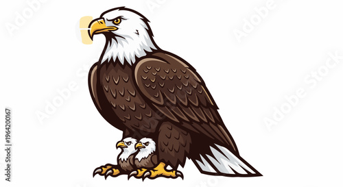 Proud eagle parent with two chicks, against a blank backdrop