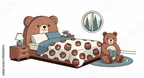 Cozy bedroom with bear-themed decor, featuring a reading bear