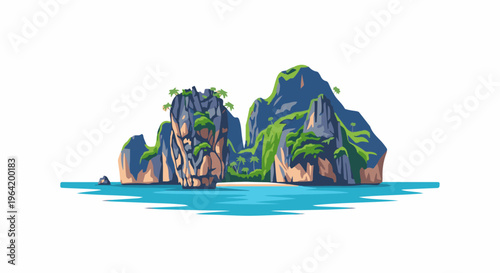 Pixelated tropical island with rocky cliffs, sandy beach, and azure ocean